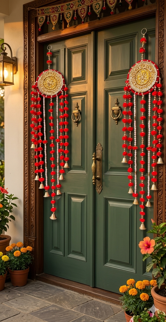 handmade red pom pom beads hanging with golden bells decorative wall hanging for home decoration (pack of 2)