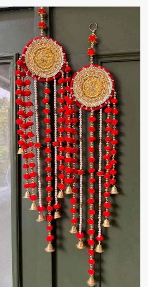 handmade red pom pom beads hanging with golden bells decorative wall hanging for home decoration (pack of 2)