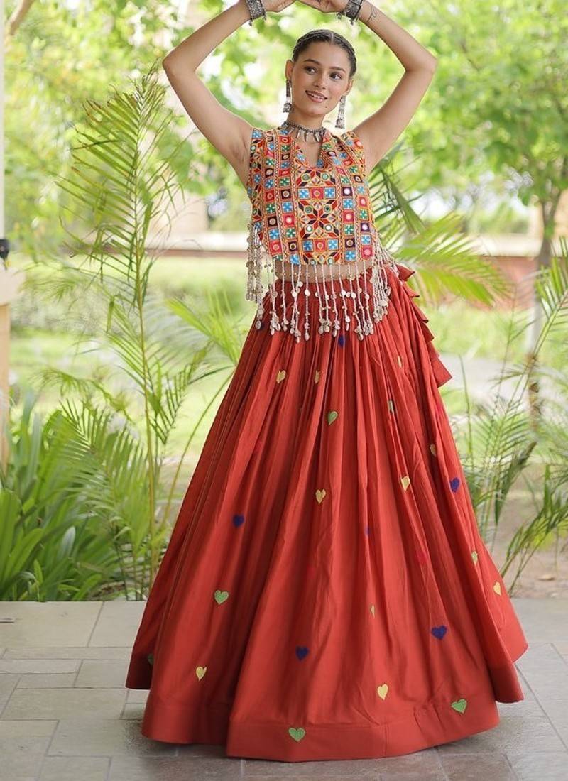 Kora Cotton Navratri Lehenga Choli with Heart Thread Embroidery, Gamthi Mirror Work & Latkan