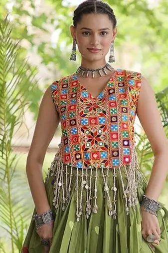 Kora Cotton Navratri Lehenga Choli with Thread Embroidery Gamthi Mirror Work & Latkan - free size