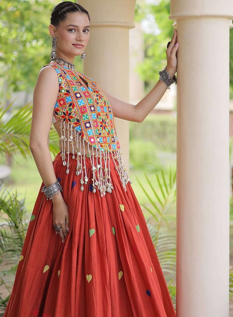 Kora Cotton Navratri Lehenga Choli with Heart Thread Embroidery, Gamthi Mirror Work & Latkan