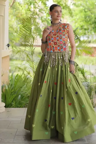Kora Cotton Navratri Lehenga Choli with Thread Embroidery Gamthi Mirror Work & Latkan - free size