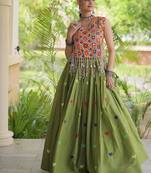 Kora Cotton Navratri Lehenga Choli with Thread Embroidery Gamthi Mirror Work & Latkan - free size