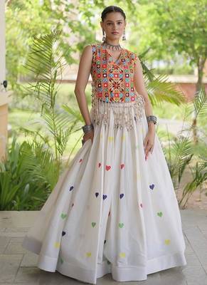Kora Cotton Navratri Lehenga Choli with Thread Embroidery Gamthi Mirror Work & Latkan - free size 1