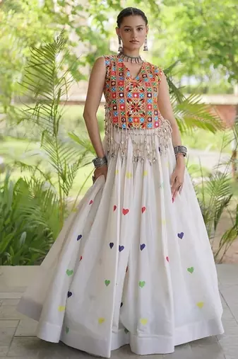 Kora Cotton Navratri Lehenga Choli with Thread Embroidery Gamthi Mirror Work & Latkan - free size
