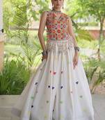 Kora Cotton Navratri Lehenga Choli with Thread Embroidery Gamthi Mirror Work & Latkan - free size