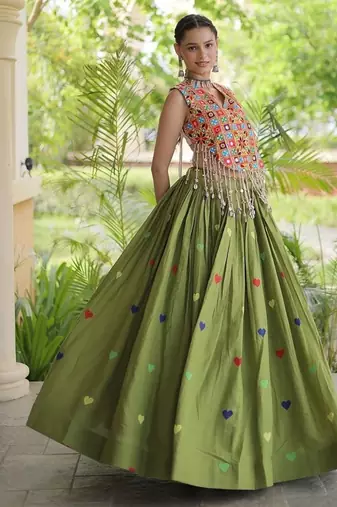 Kora Cotton Navratri Lehenga Choli with Thread Embroidery Gamthi Mirror Work & Latkan - free size