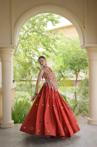 Kora Cotton Navratri Lehenga Choli with Heart Thread Embroidery, Gamthi Mirror Work & Latkan