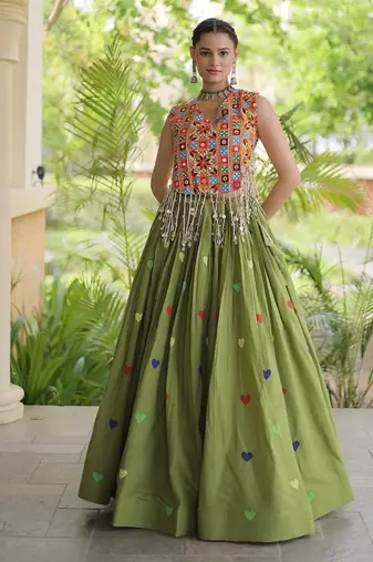 Kora Cotton Navratri Lehenga Choli with Thread Embroidery Gamthi Mirror Work & Latkan - free size