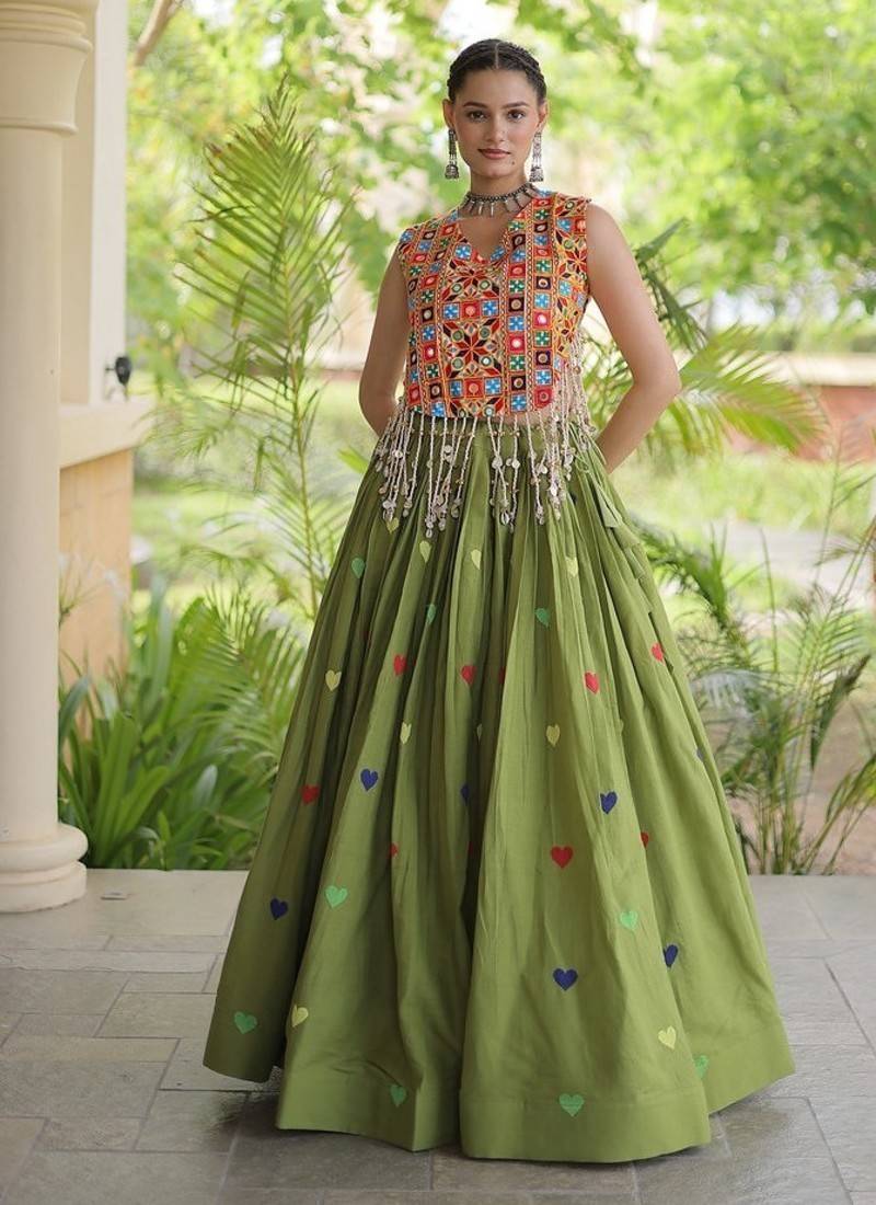 Kora Cotton Navratri Lehenga Choli with Thread Embroidery Gamthi Mirror Work & Latkan - free size