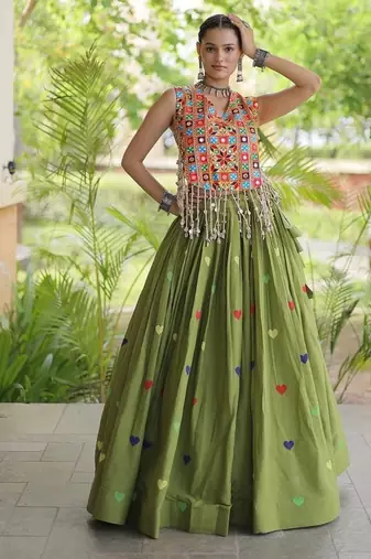 Kora Cotton Navratri Lehenga Choli with Thread Embroidery Gamthi Mirror Work & Latkan - free size