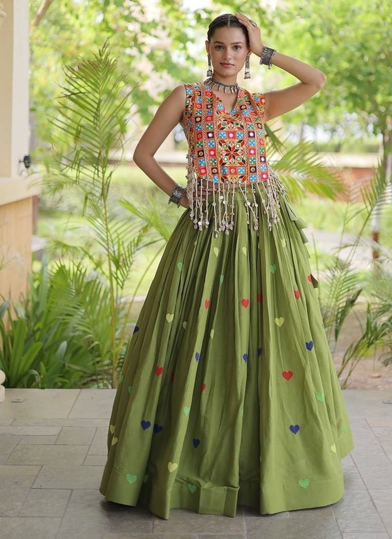 Kora Cotton Navratri Lehenga Choli with Thread Embroidery Gamthi Mirror Work & Latkan - free size