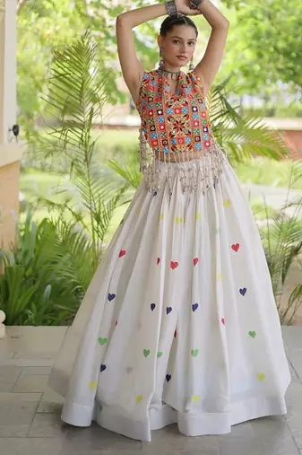 Kora Cotton Navratri Lehenga Choli with Thread Embroidery Gamthi Mirror Work & Latkan - free size