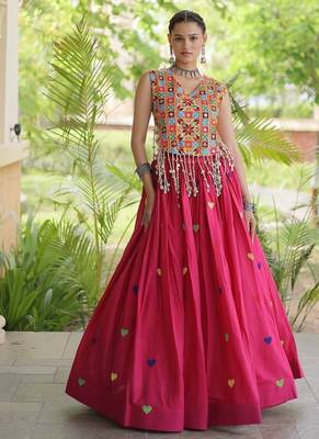 Kora Cotton Navratri Lehenga Choli with Thread Embroidery Gamthi Mirror Work & Latkan - free size 1