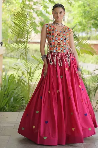 Kora Cotton Navratri Lehenga Choli with Thread Embroidery Gamthi Mirror Work & Latkan - free size