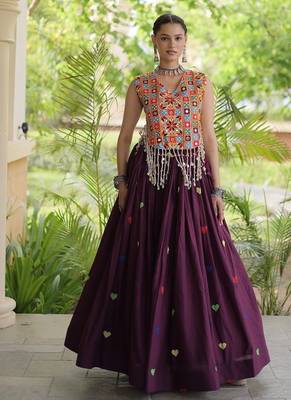 Kora Cotton Navratri Lehenga Choli with Thread Embroidery Gamthi Mirror Work & Latkan - free size 1