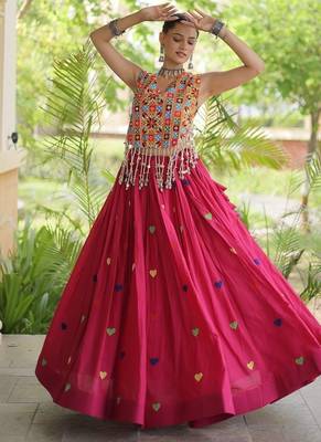 Kora Cotton Navratri Lehenga Choli with Thread Embroidery Gamthi Mirror Work & Latkan - free size 2