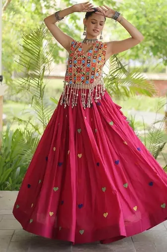 Kora Cotton Navratri Lehenga Choli with Thread Embroidery Gamthi Mirror Work & Latkan - free size
