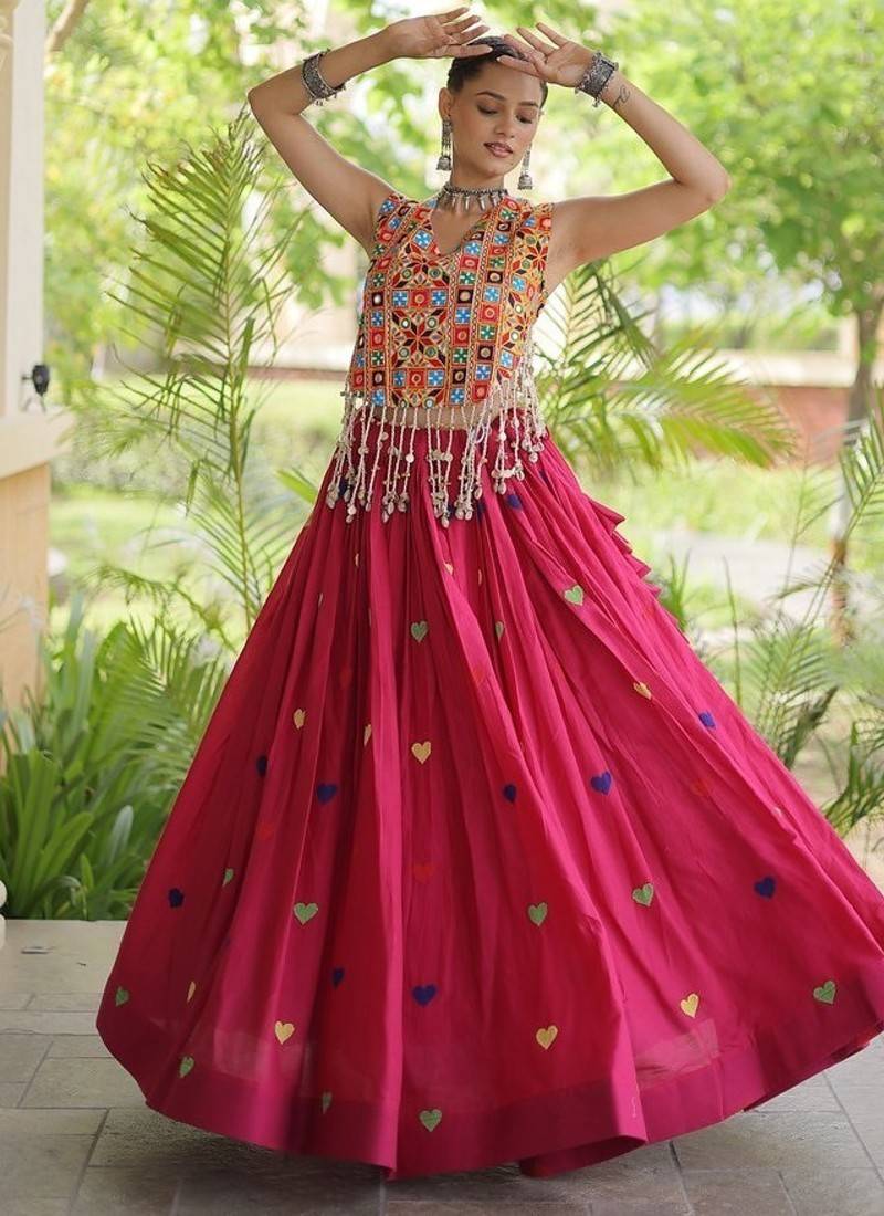 Kora Cotton Navratri Lehenga Choli with Thread Embroidery Gamthi Mirror Work & Latkan - free size
