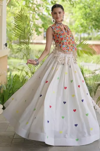 Kora Cotton Navratri Lehenga Choli with Thread Embroidery Gamthi Mirror Work & Latkan - free size