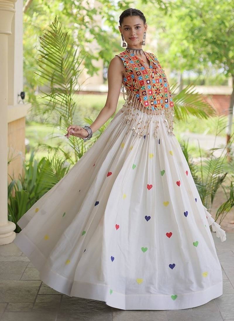 Kora Cotton Navratri Lehenga Choli with Thread Embroidery Gamthi Mirror Work & Latkan - free size