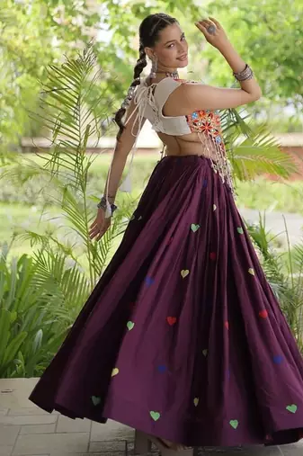 Kora Cotton Navratri Lehenga Choli with Thread Embroidery Gamthi Mirror Work & Latkan - free size