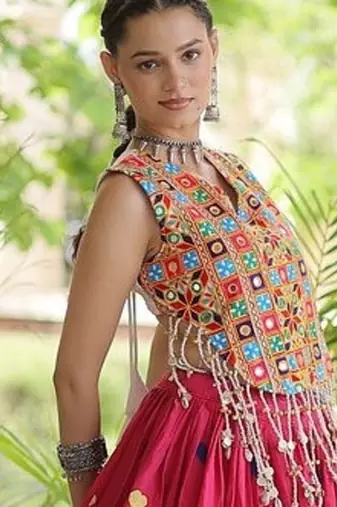 Kora Cotton Navratri Lehenga Choli with Thread Embroidery Gamthi Mirror Work & Latkan - free size