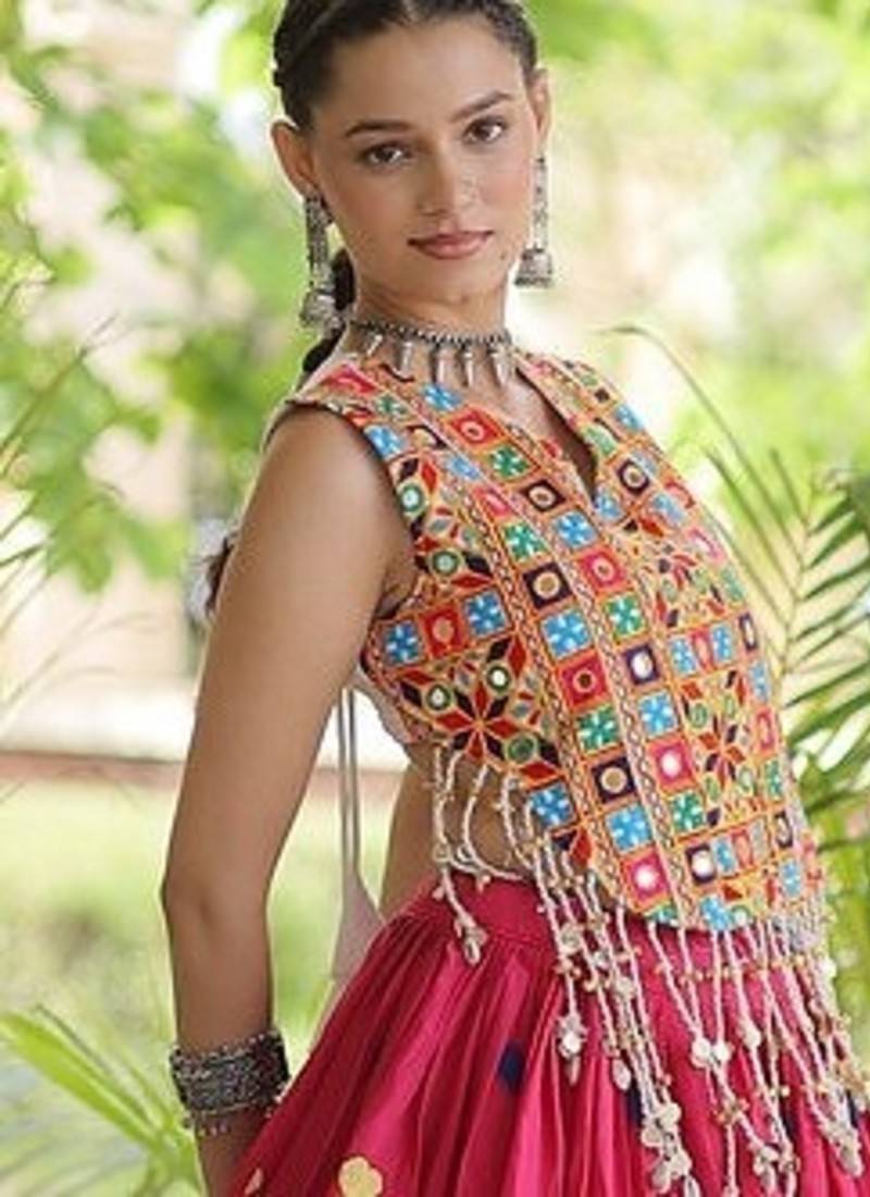 Kora Cotton Navratri Lehenga Choli with Thread Embroidery Gamthi Mirror Work & Latkan - free size