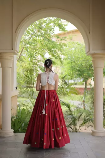Kora Cotton Navratri Lehenga Choli with Heart Thread Embroidery, Gamthi Mirror Work & Latkan