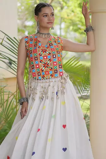 Kora Cotton Navratri Lehenga Choli with Thread Embroidery Gamthi Mirror Work & Latkan - free size