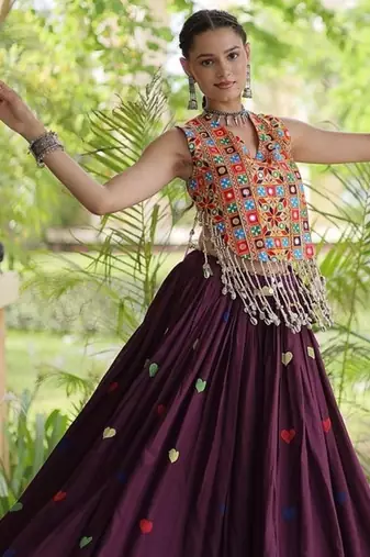 Kora Cotton Navratri Lehenga Choli with Thread Embroidery Gamthi Mirror Work & Latkan - free size