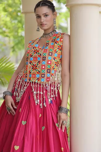 Kora Cotton Navratri Lehenga Choli with Thread Embroidery Gamthi Mirror Work & Latkan - free size
