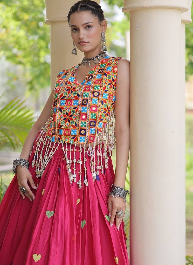 Kora Cotton Navratri Lehenga Choli with Thread Embroidery Gamthi Mirror Work & Latkan - free size