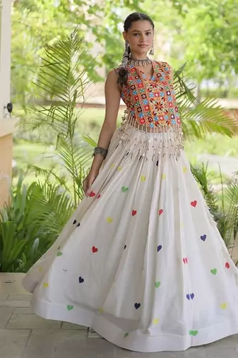 Kora Cotton Navratri Lehenga Choli with Thread Embroidery Gamthi Mirror Work & Latkan - free size