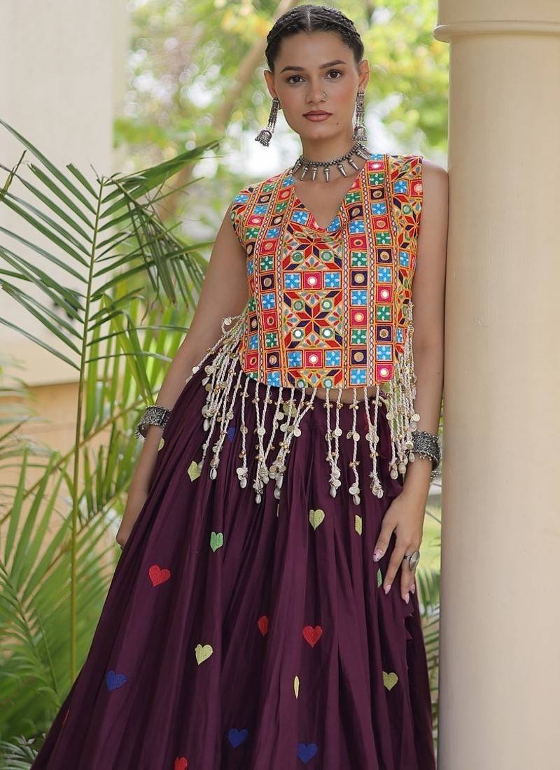 Kora Cotton Navratri Lehenga Choli with Thread Embroidery Gamthi Mirror Work & Latkan - free size
