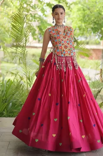 Kora Cotton Navratri Lehenga Choli with Thread Embroidery Gamthi Mirror Work & Latkan - free size