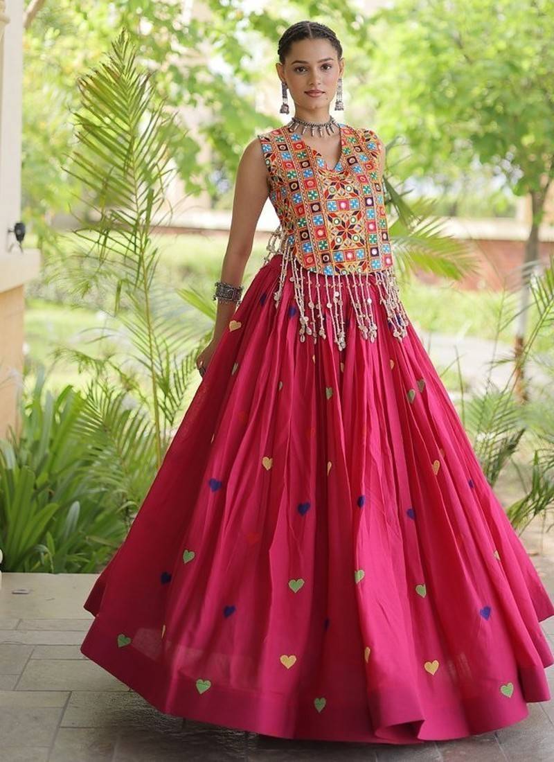 Kora Cotton Navratri Lehenga Choli with Thread Embroidery Gamthi Mirror Work & Latkan - free size