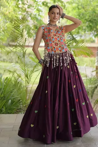 Kora Cotton Navratri Lehenga Choli with Thread Embroidery Gamthi Mirror Work & Latkan - free size