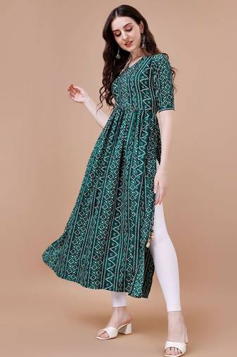 GREEN BANDHANI FOLI PRINT DESIGN WORK WITH RAYON FABRIC KURTI 