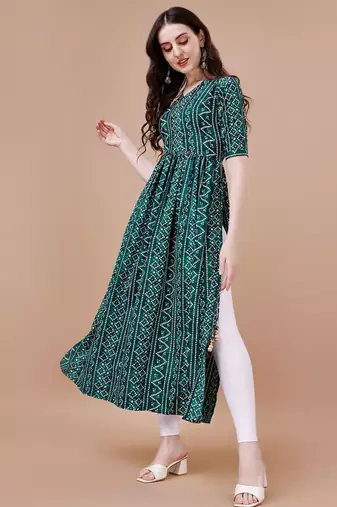 GREEN BANDHANI FOLI PRINT DESIGN WORK WITH RAYON FABRIC KURTI 
