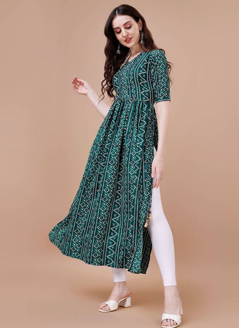 GREEN BANDHANI FOLI PRINT DESIGN WORK WITH RAYON FABRIC KURTI 