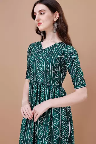 GREEN BANDHANI FOLI PRINT DESIGN WORK WITH RAYON FABRIC KURTI 