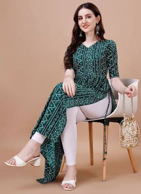 GREEN BANDHANI FOLI PRINT DESIGN WORK WITH RAYON FABRIC KURTI  3