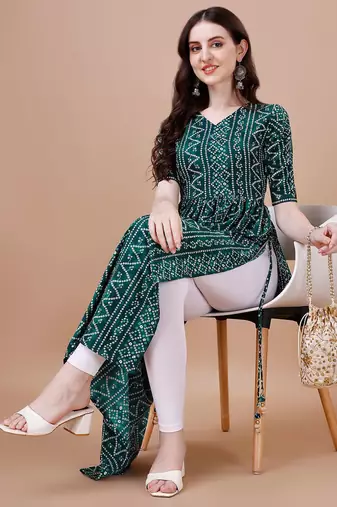 GREEN BANDHANI FOLI PRINT DESIGN WORK WITH RAYON FABRIC KURTI 