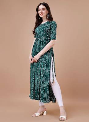 GREEN BANDHANI FOLI PRINT DESIGN WORK WITH RAYON FABRIC KURTI  4