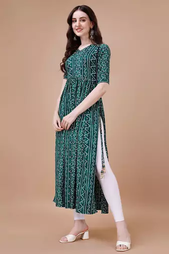 GREEN BANDHANI FOLI PRINT DESIGN WORK WITH RAYON FABRIC KURTI 