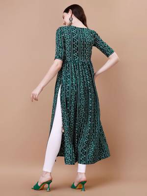 GREEN BANDHANI FOLI PRINT DESIGN WORK WITH RAYON FABRIC KURTI  5
