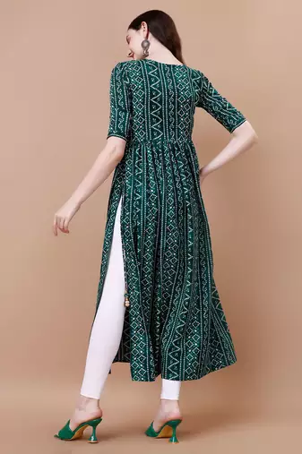GREEN BANDHANI FOLI PRINT DESIGN WORK WITH RAYON FABRIC KURTI 