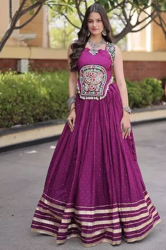 Reyon Mukesh Work Lehenga Choli with Gamthi Mirror Work & Patti Lace Full Stitched  Wedding Wear Lehenga Set