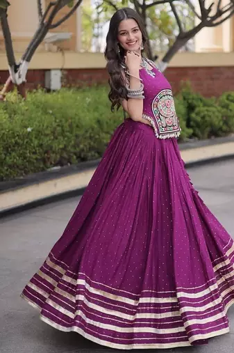 Reyon Mukesh Work Lehenga Choli with Gamthi Mirror Work & Patti Lace Full Stitched  Wedding Wear Lehenga Set